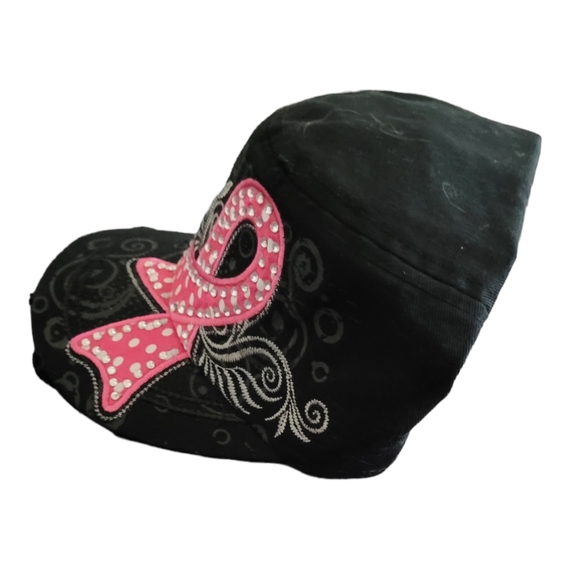 💕HP💕NEW Black Distressed/Bling Breast Cancer Ribbon Hat💕 - Picture 3 of 6
